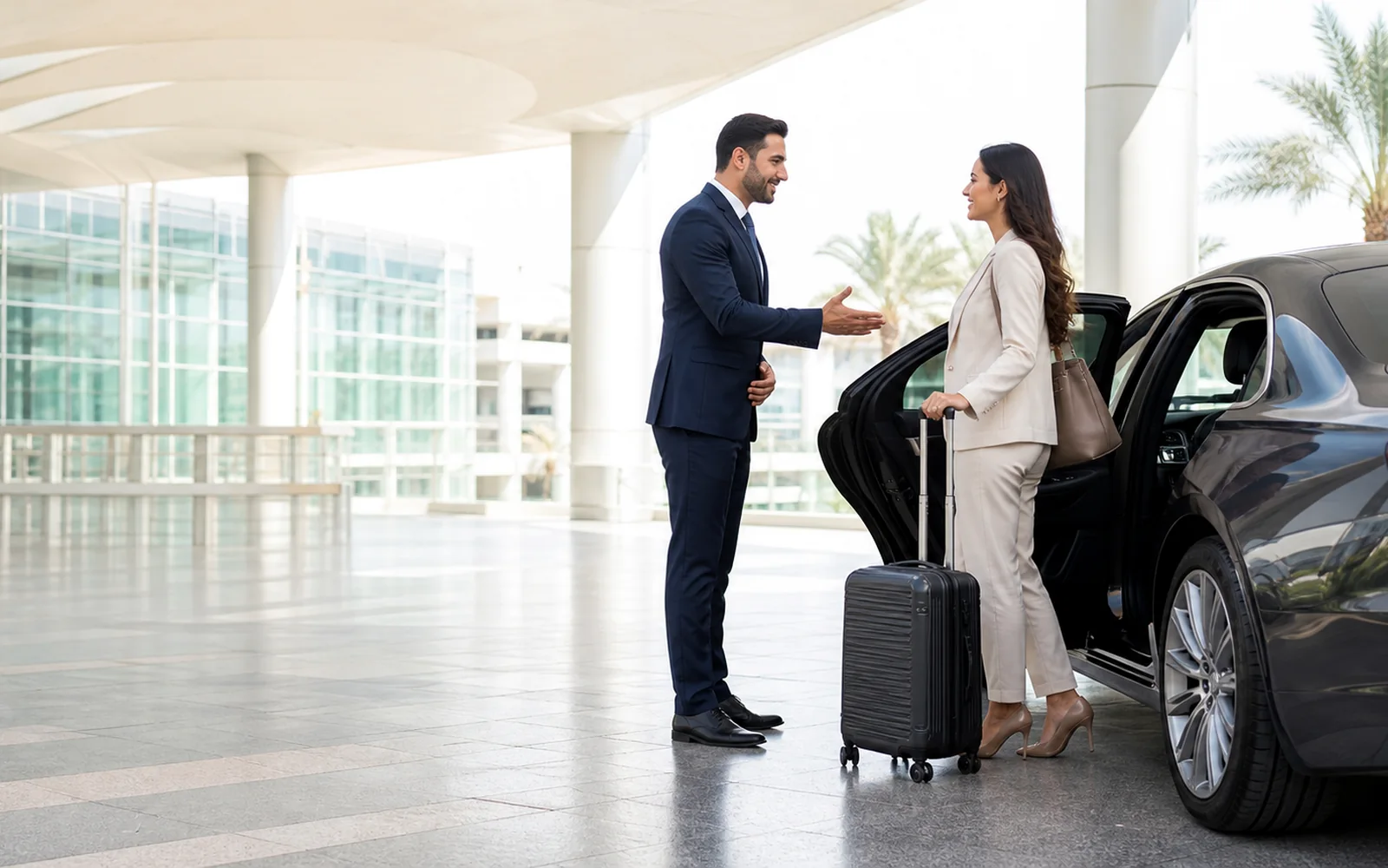 Dubai airport transfer chauffeur assisting a passenger at the terminal